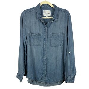 Lola River Boho Light Blue Chambre Denim Collared Roll-Up Sleeve Large Blouse